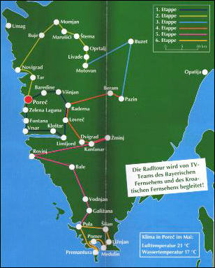 Übersichtskarte der Etappen des istrischen Radfrühlings 1999, organisiert von Rivatours und dem bayrischen Rundfunk